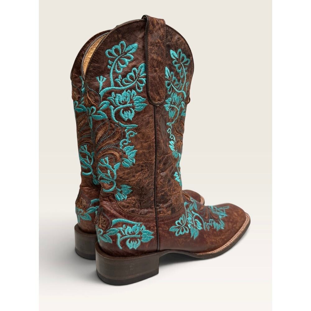Cavender’s Women’s Brown Leather Turquoise Floral Embroidered Cowboy Boots 8M - Picture 2 of 12